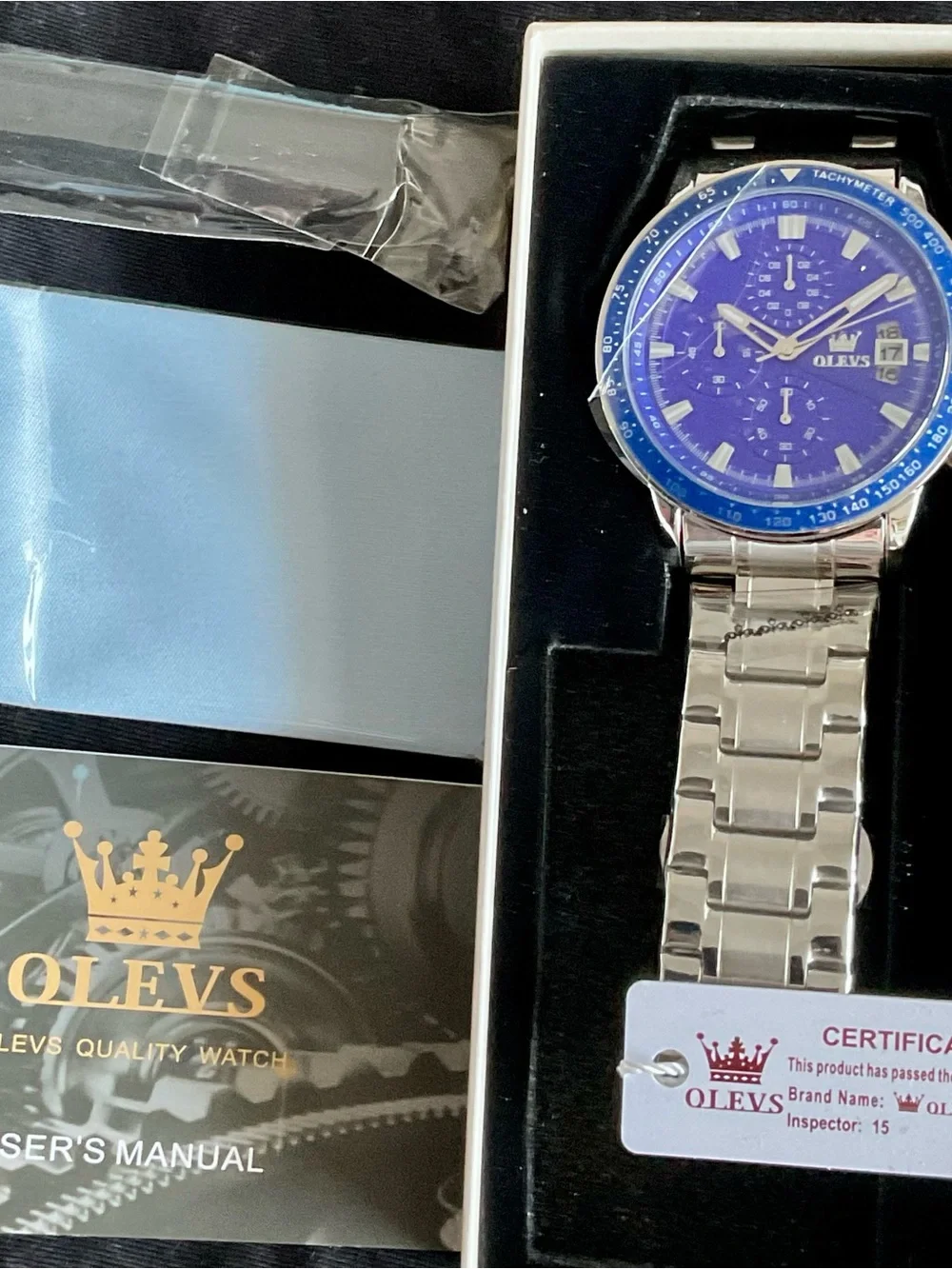 NIB OLEVS Men’s Blue Dial Stainless Steel Chronograph Watch Full Set